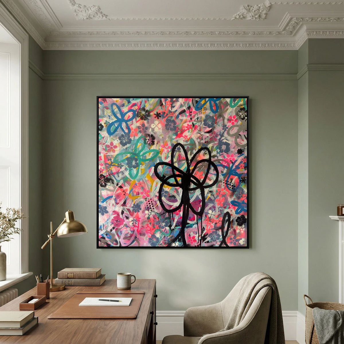 BLACK DAISY PRINT ON CANVAS  