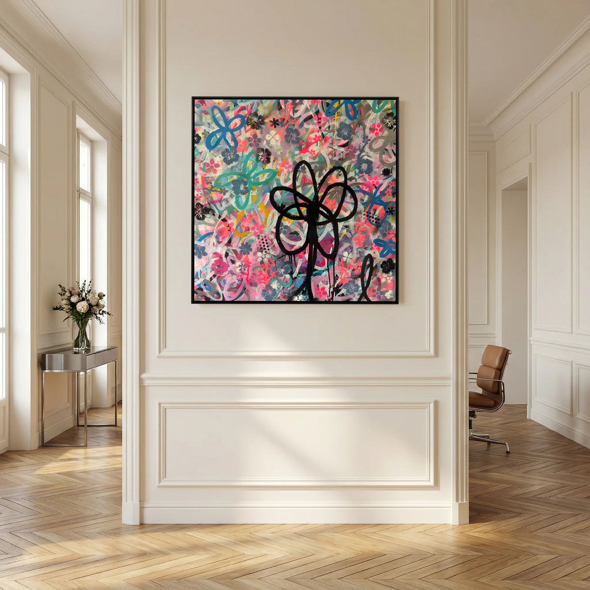 BLACK DAISY PRINT ON CANVAS  